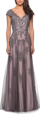 La Femme Tulle Evening Gown with Embroidery and Cap Sleeves