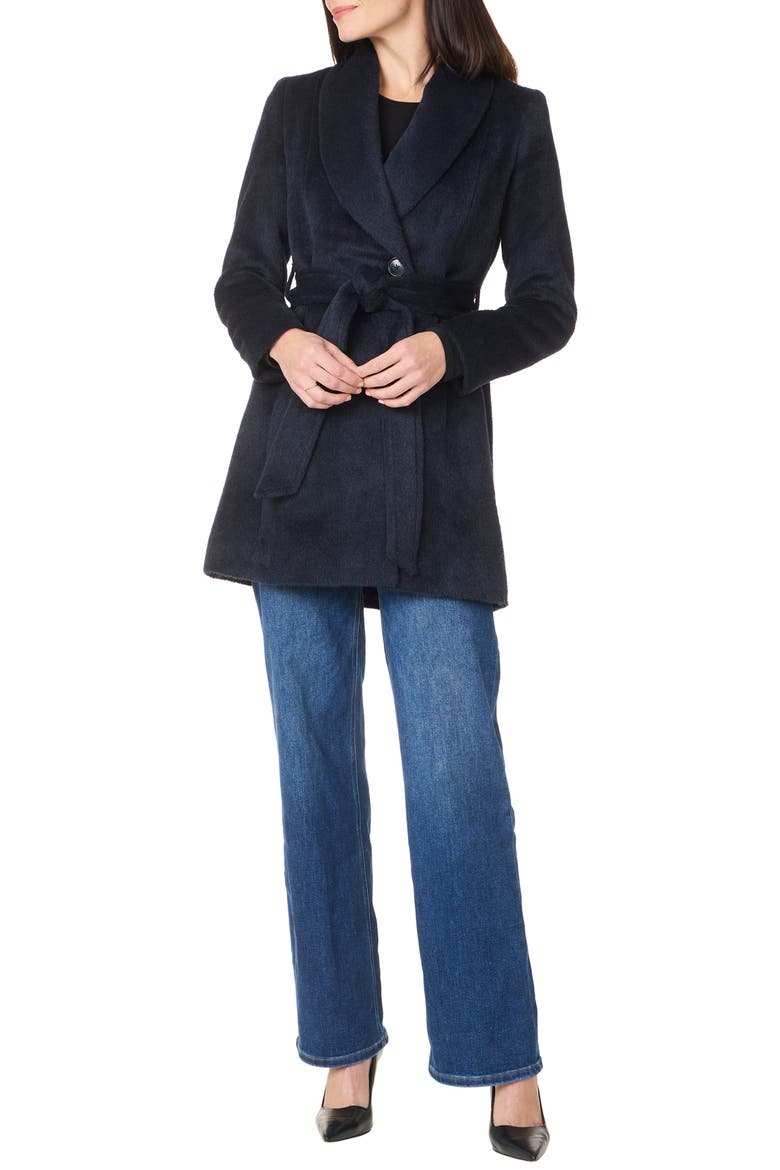 Baby Alpaca and Wool Blend Short Belted Coat, Main, color, NAVY