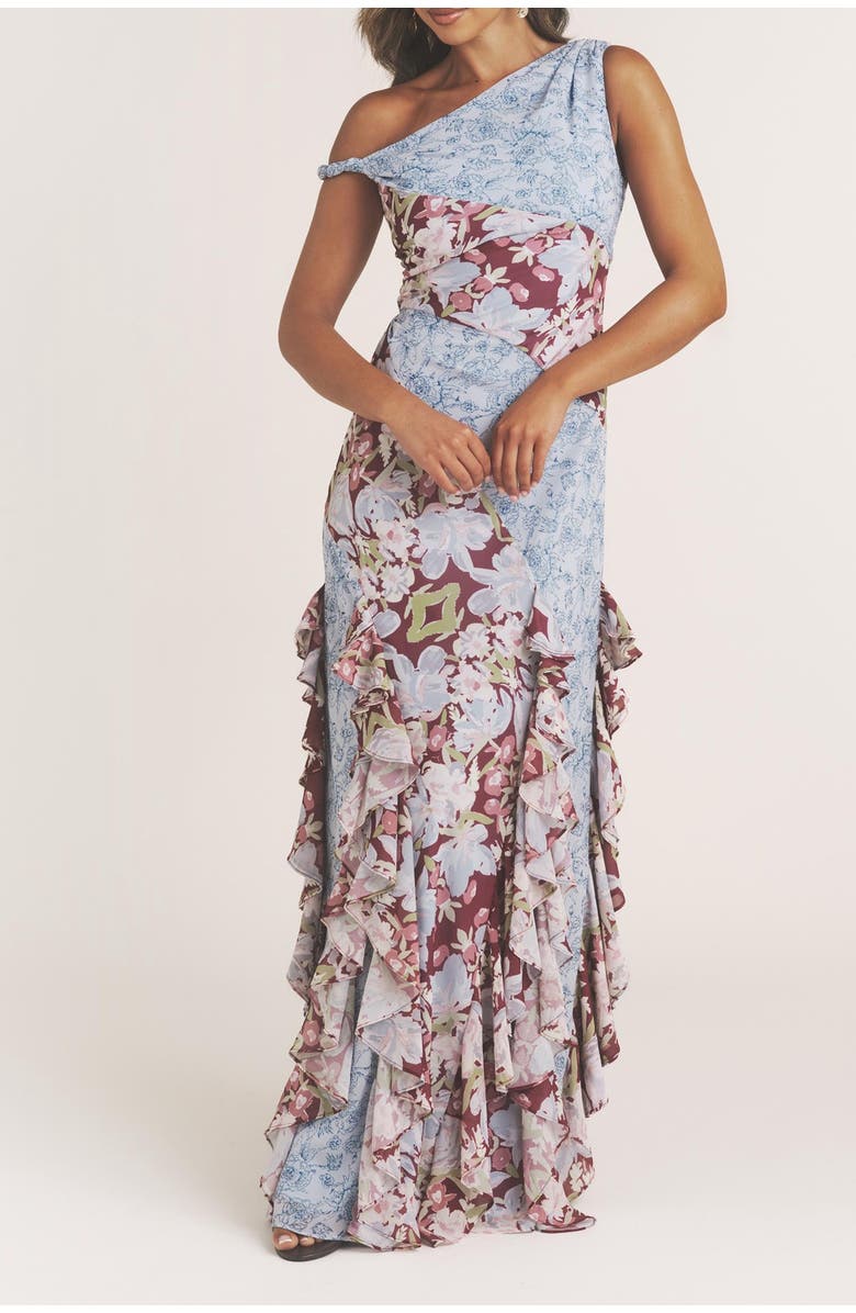 Six Stories Floral Print Twist Detail Ruffle Dress, Alternate, color, Pale Blue