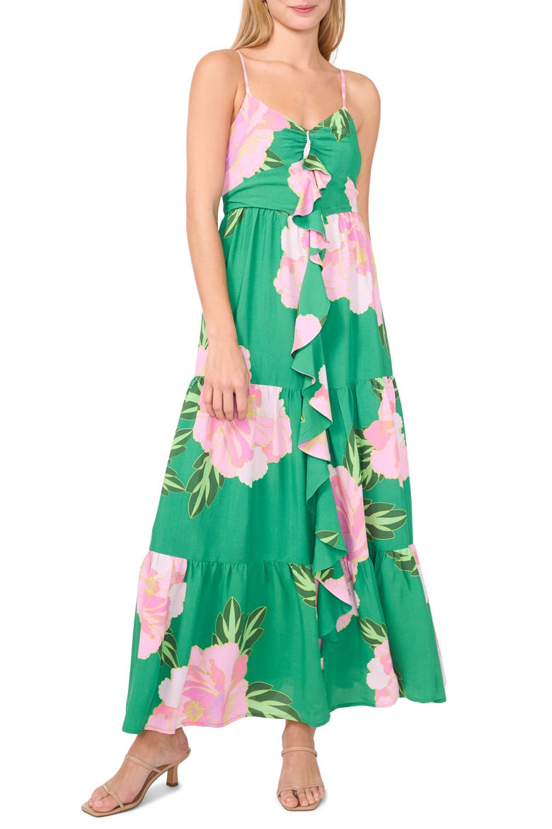 Floral Ruffle Maxi Sundress, Main, color, MEDIUM GREEN