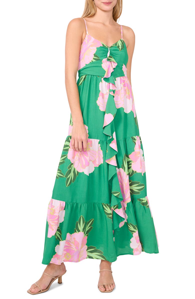 CeCe Floral Ruffle Maxi Sundress, Main, color, Medium Green