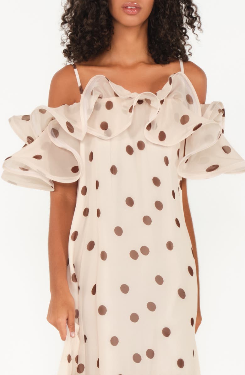 The Lulo Project Barefoot Ruffle High-Low Maxi Dress, Alternate, color, Polka Dots Brown