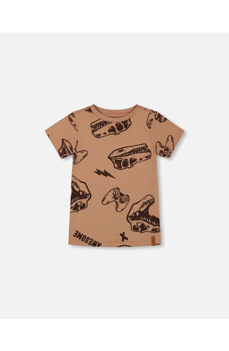 Deux par Deux Boy's Printed Organic Cotton Tee Beige And Black Dinos, Main, color, 