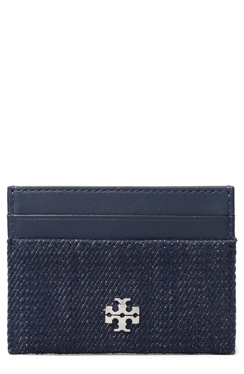 Tory Burch Charlie Denim Card Case, Main, color, Midnight