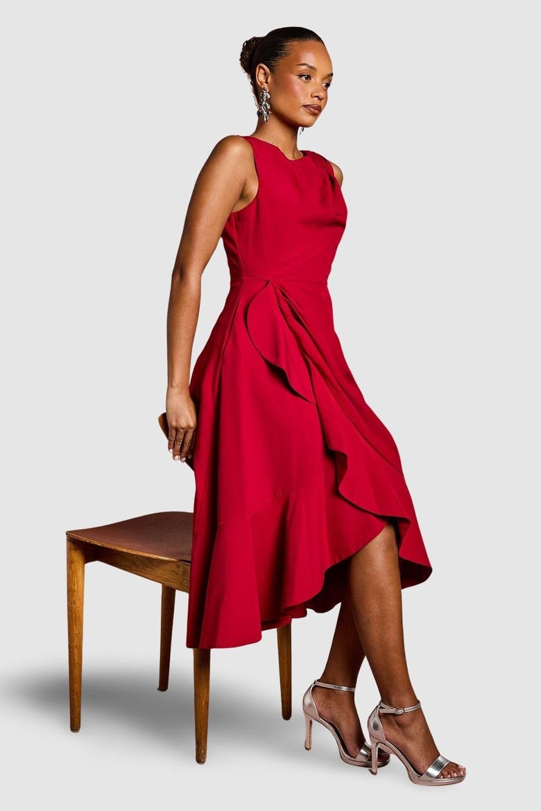 Petite Crepe Ruffle Low Back Dress, Alternate, color, Berry