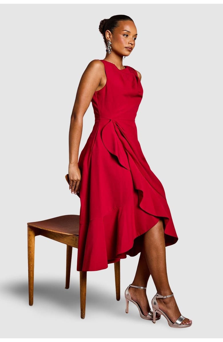 Coast Petite Crepe Ruffle Low Back Dress, Alternate, color, Berry