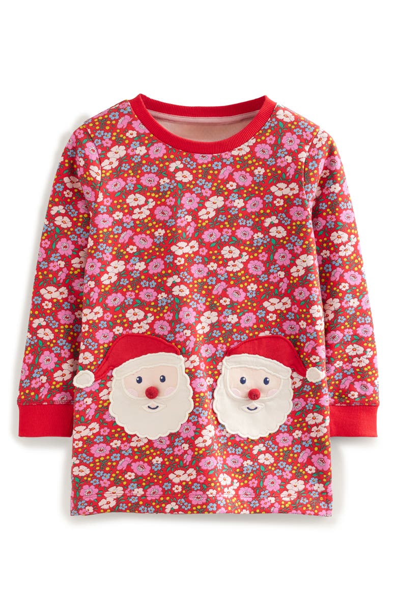 Mini Boden Kids' Floral Santa Appliqué Fleece Tunic Top, Main, color, 