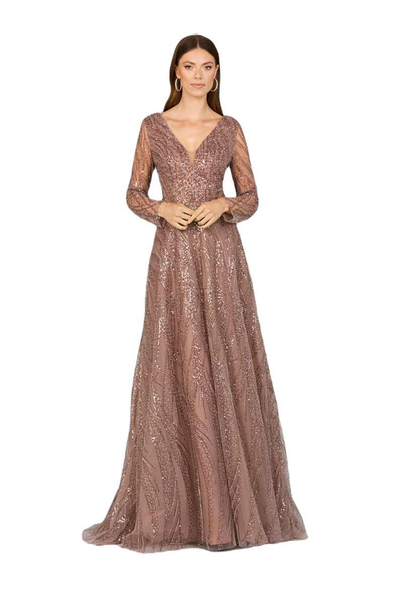 Modest Long Sleeve Ball Gown, Main, color, Taupe