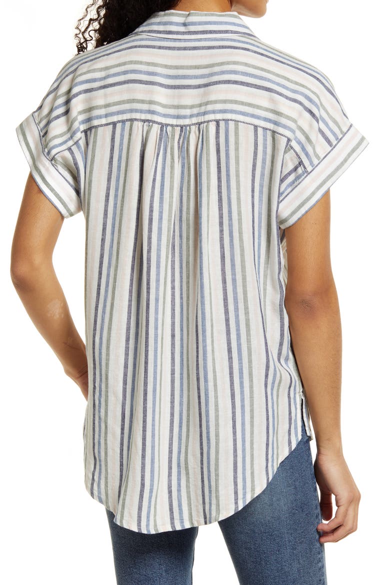 Short Sleeve Linen Blend Camp Shirt, Alternate, color, IVORY BLUE EVELYN STRIPE