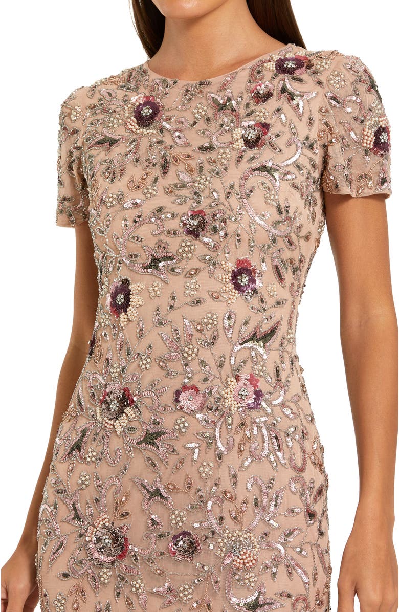Mac Duggal Women's  Floral Embellished Short Sleeve Midi Dress, Alternate, color, Mocha