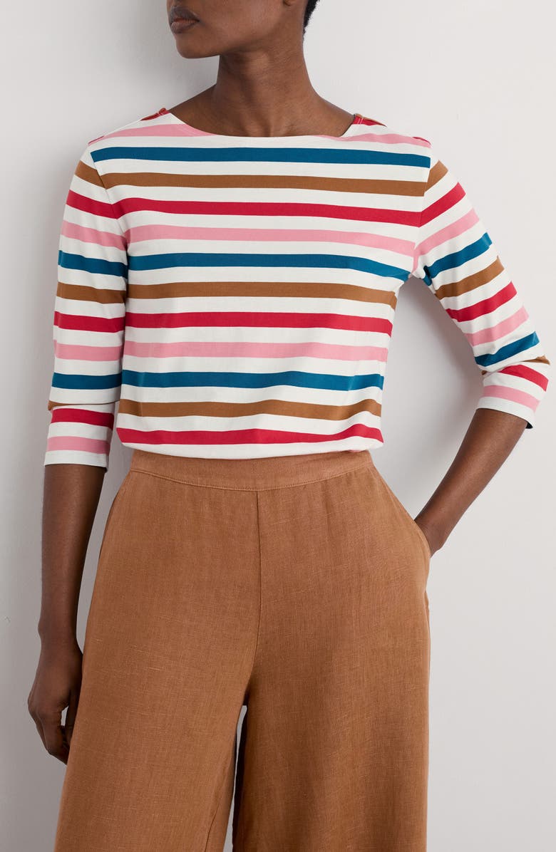 Seasalt Cornwall Sailor Stripe Three Quarter Sleeve Organic Cotton T-Shirt, Main, color, Quad Scallion Pink Sky