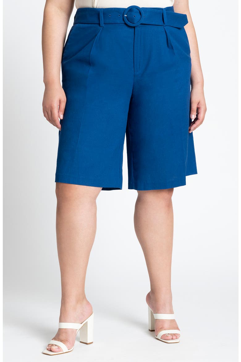 Belted Linen Blend Bermuda Shorts, Main, color, NAVY
