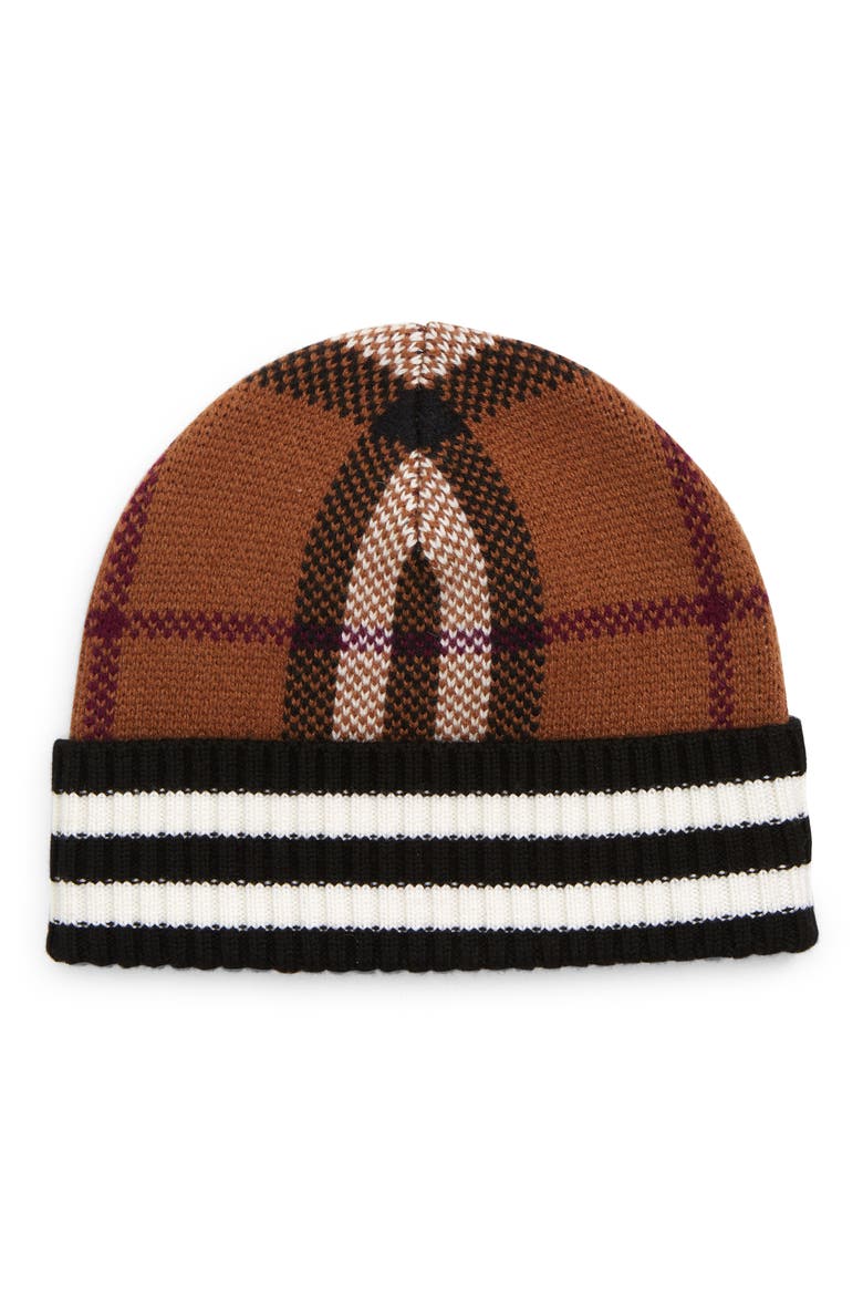 Check Jacquard Cashmere Beanie, Main, color, DARK BIRCH BROWN