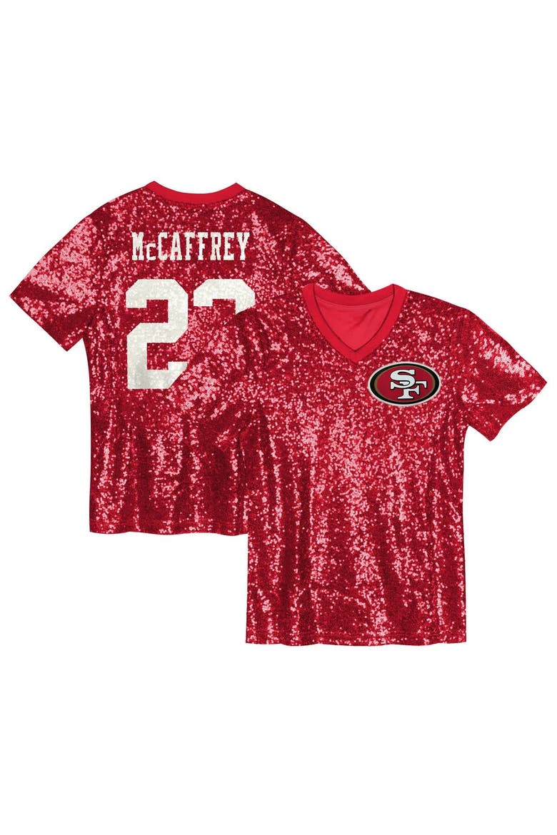 Girls Youth Christian McCaffrey Scarlet San Francisco 49ers Sequin V-Neck Fashion Jersey, Main, color, Scarlet