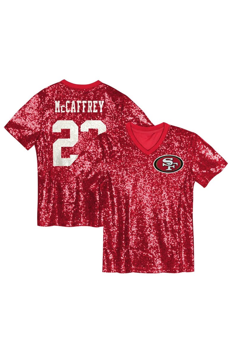 Outerstuff Girls Youth Christian McCaffrey Scarlet San Francisco 49ers Sequin V-Neck Fashion Jersey, Main, color, Scarlet