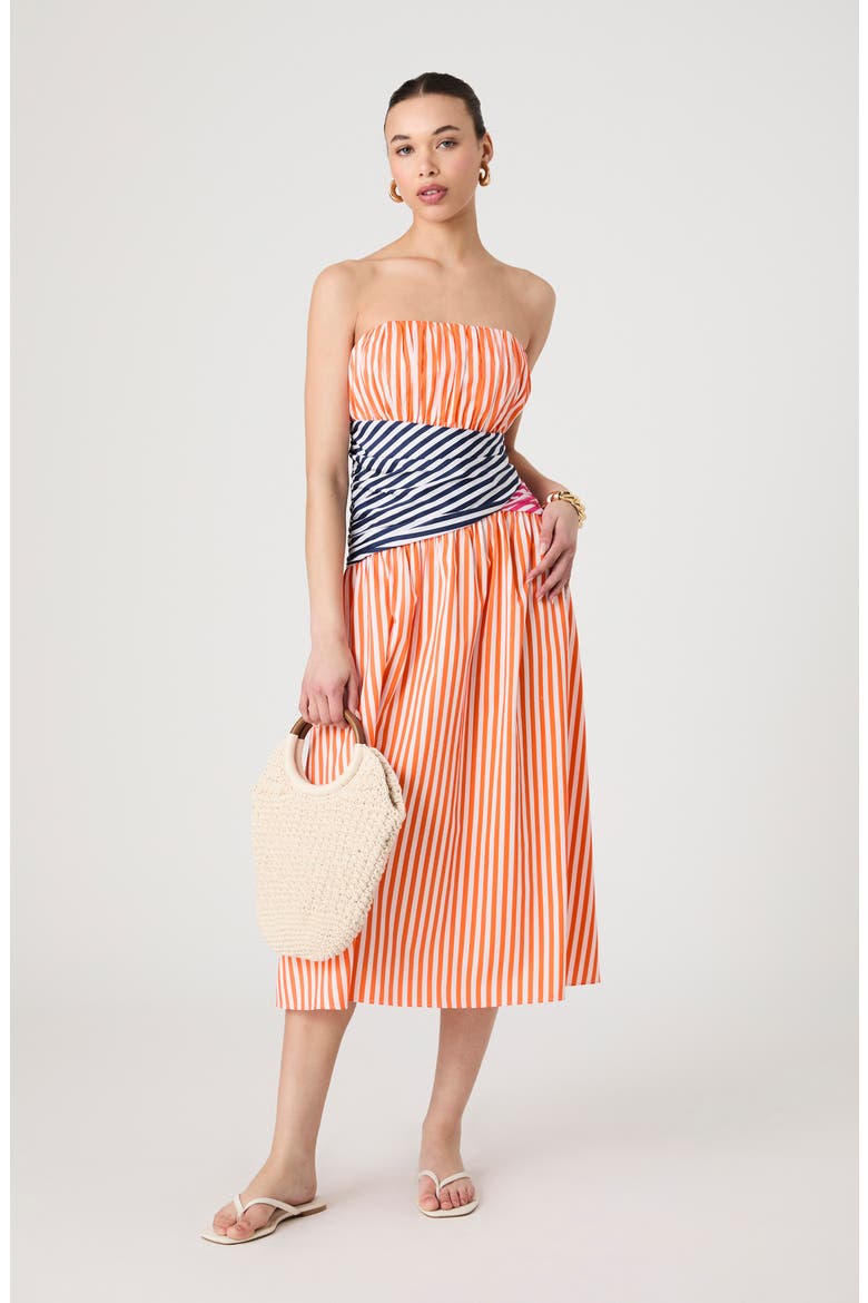 Alexis Stripe Strapless Midi Dress, Alternate, color, ORANGE-MARINE-PINK