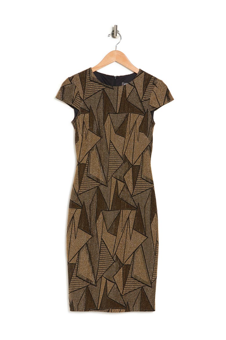 Geo Metallic Knit Cap Sleeve Dress, Alternate, color, BLACK GOLD