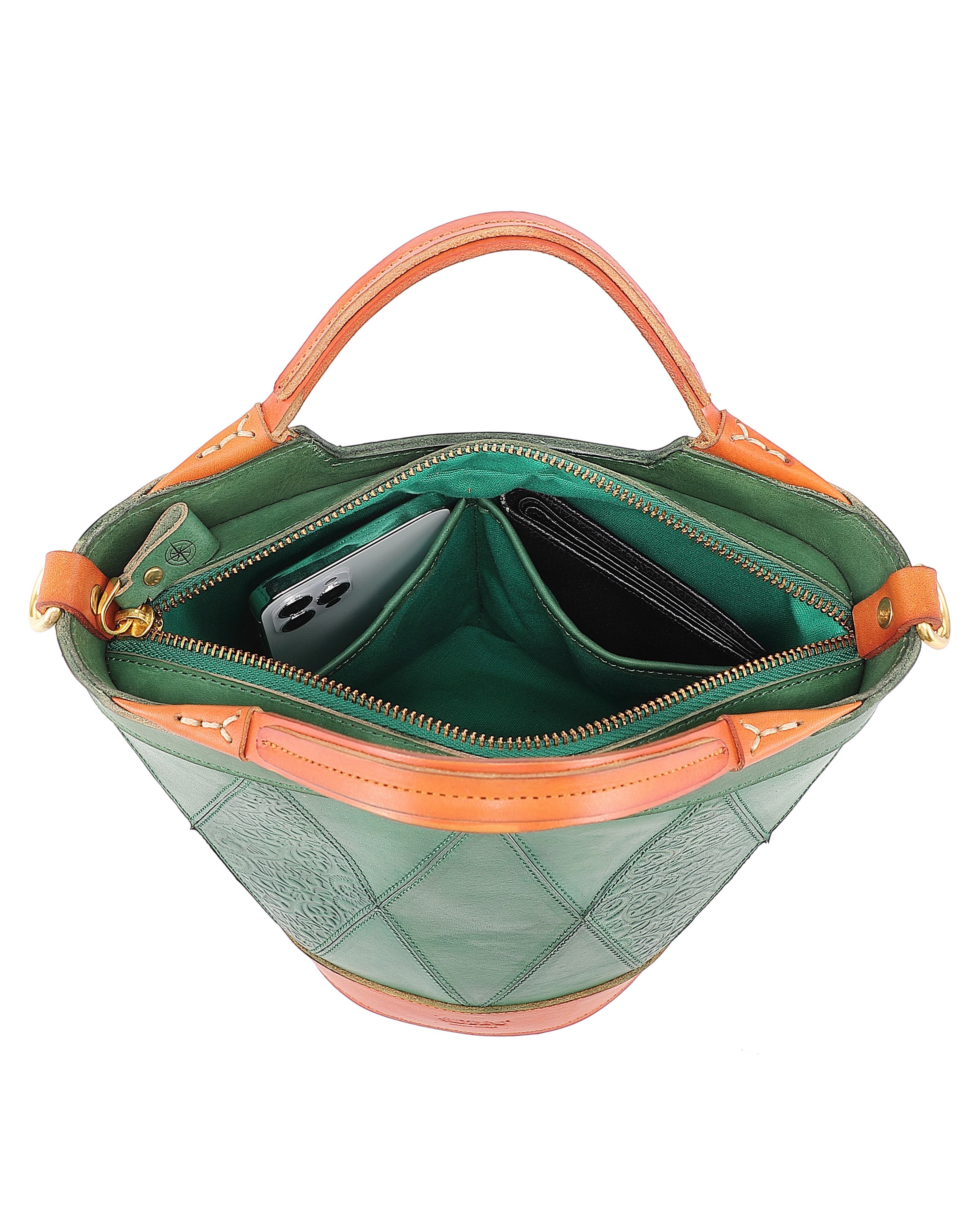 Primrose Genuine Leather Embossed Mini Bucket Tote, Alternate, color, Green