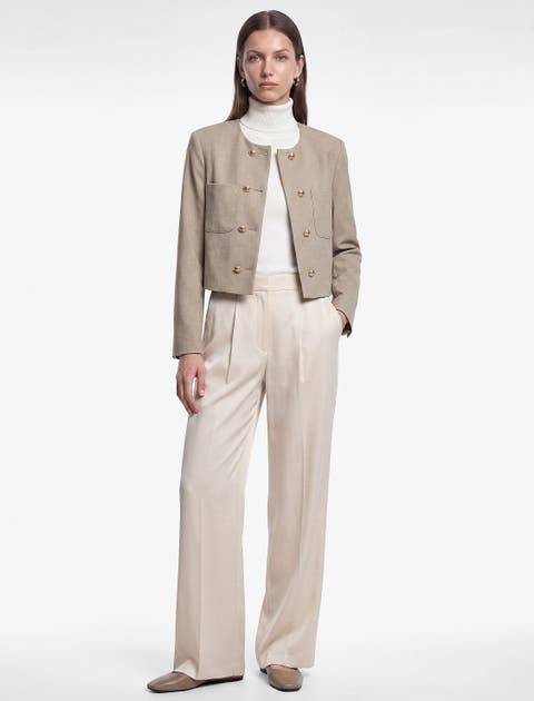 Boxy Fit Crew Neck Long Sleeve Blazer With Pockets