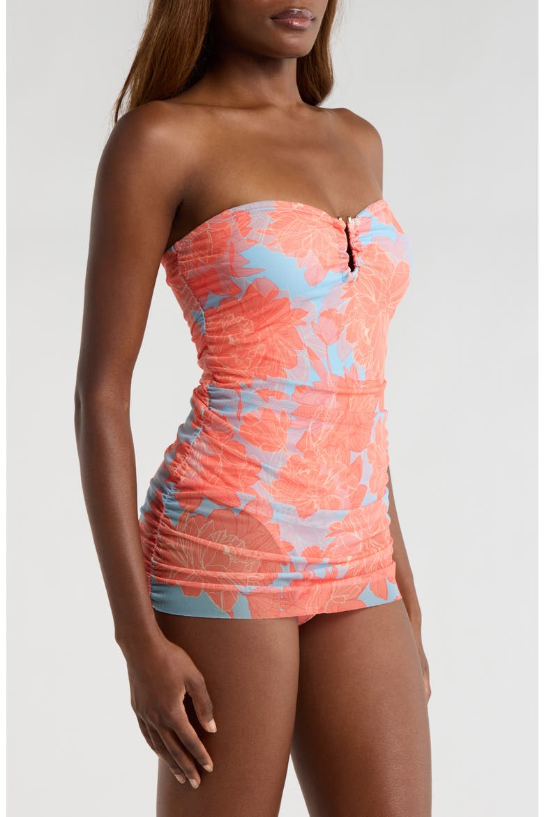 Shirred Strapless Sheer Mesh Overlay One-Piece Swimsuit, Alternate, color, SKY BLUE PEONIES