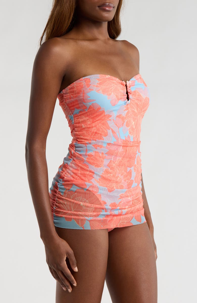 Hutch Shirred Strapless Sheer Mesh Overlay One-Piece Swimsuit, Alternate, color, Sky Blue Peonies