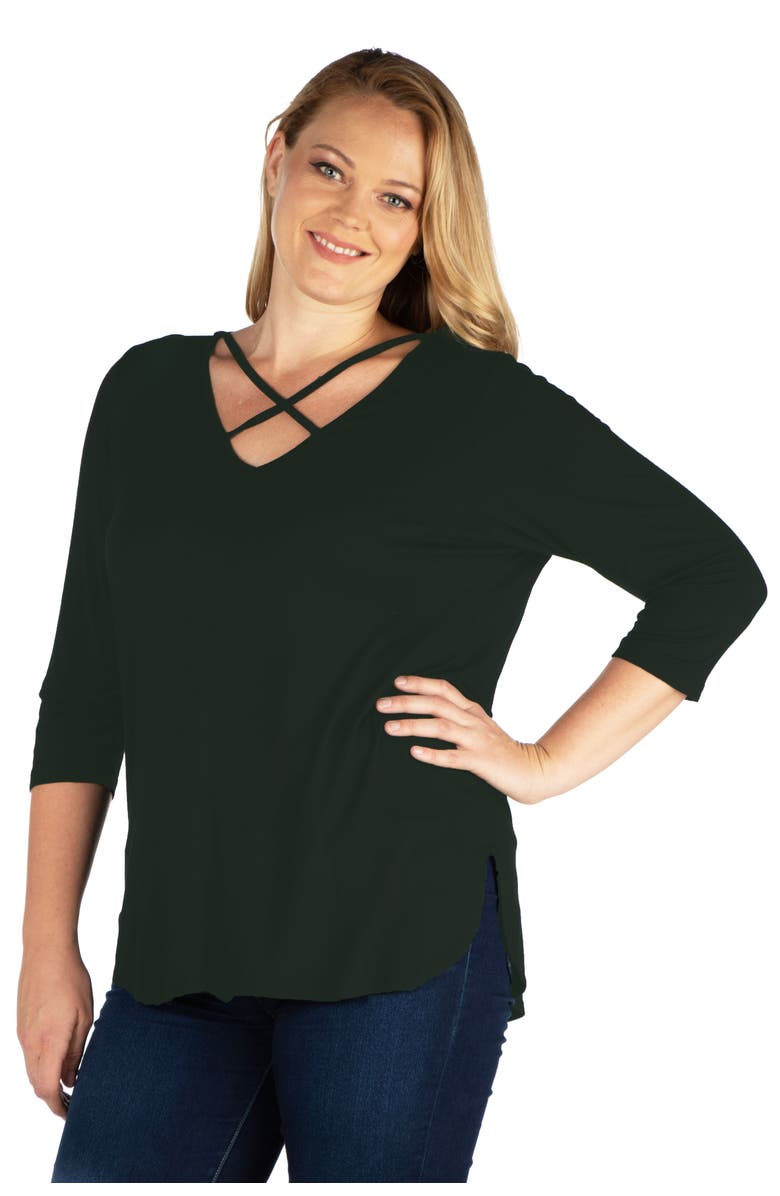 24seven Comfort Apparel Plus Size Criss Cross Round Hemline Tunic Top, Alternate, color, Hunter