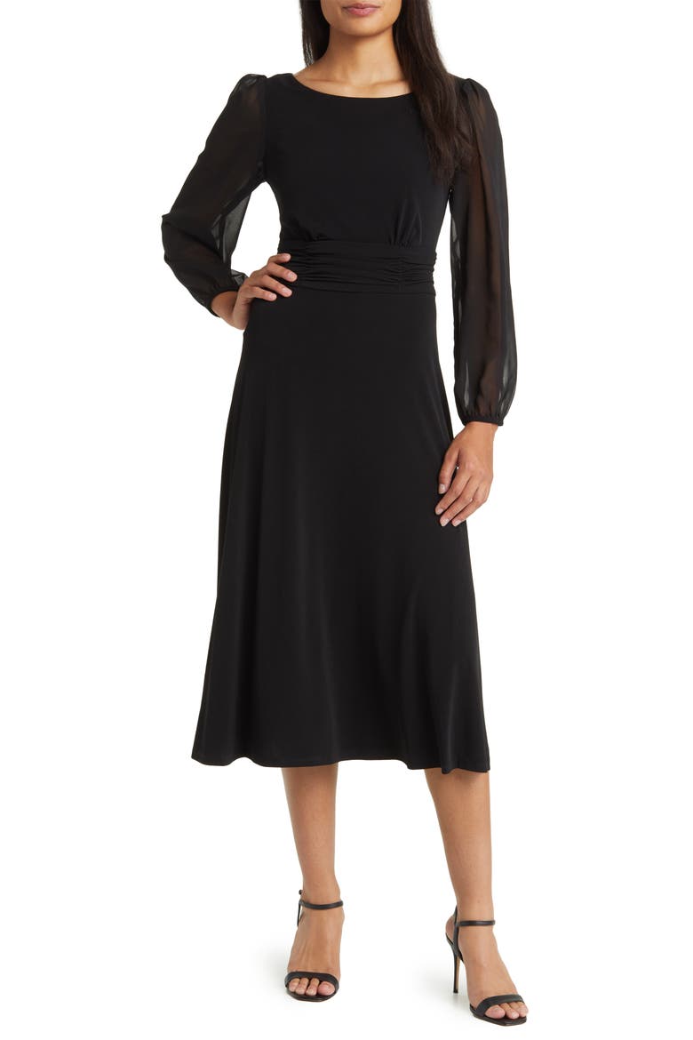 Chiffon Long Sleeve Midi Dress, Main, color, BLACK