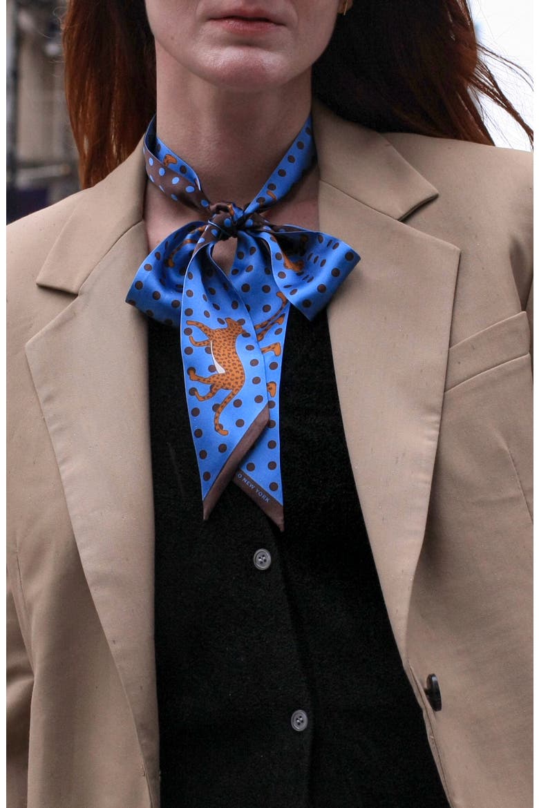 Silk Skinny Scarf Of Blue Leopards Garden, Alternate, color, Blue