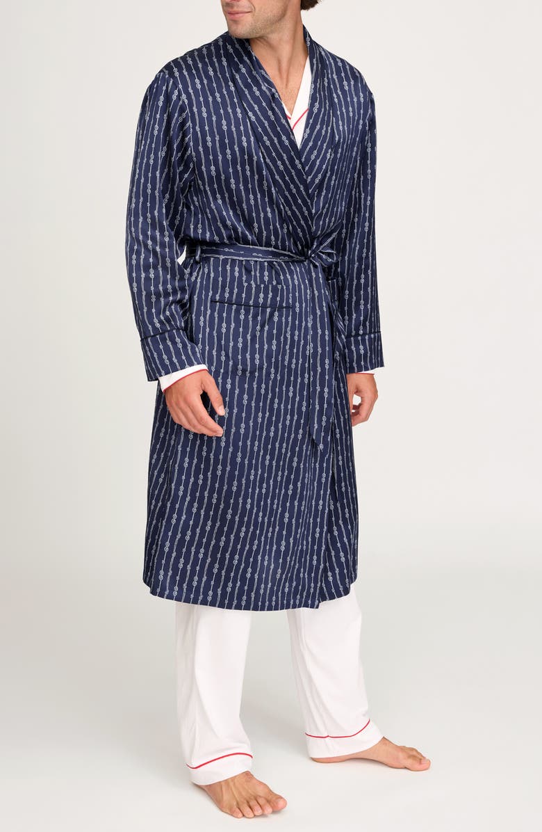 Petite Plume Nautical Stripe Mulberry Silk Robe, Alternate, color, Navy