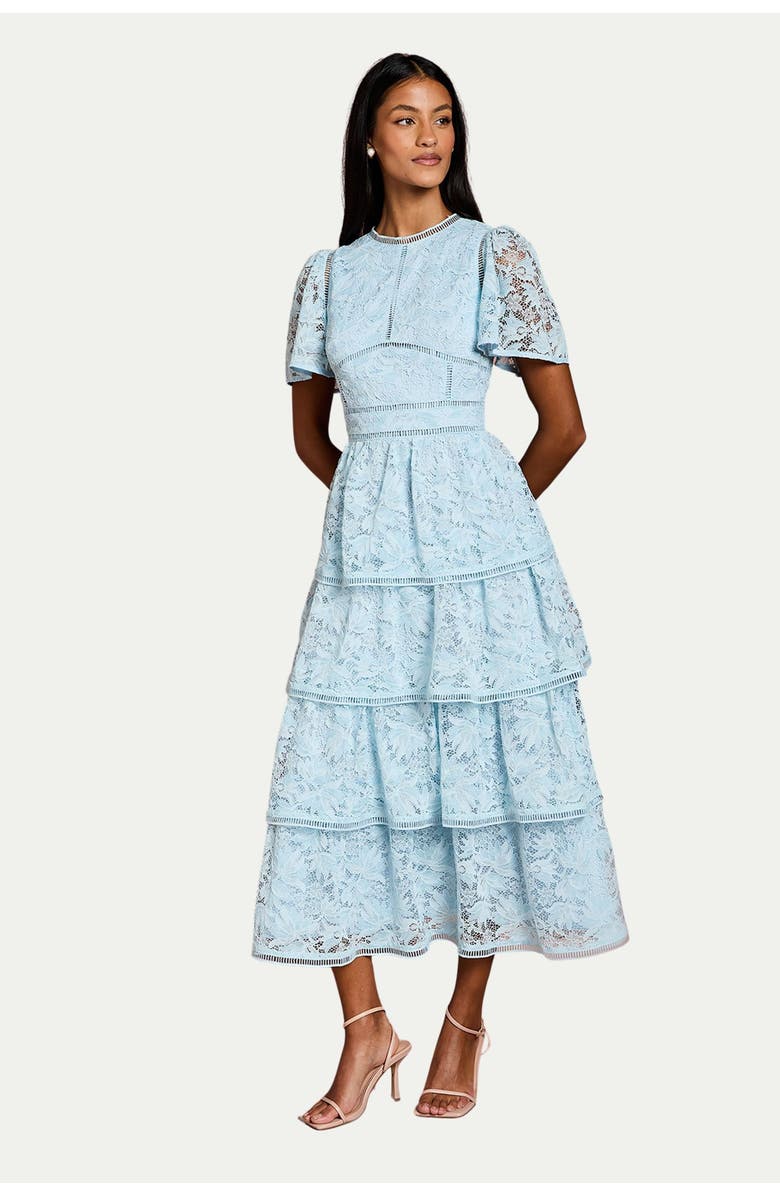 Coast Petite Flutter Sleeve Tiered Midi Dress, Main, color, Pale Blue