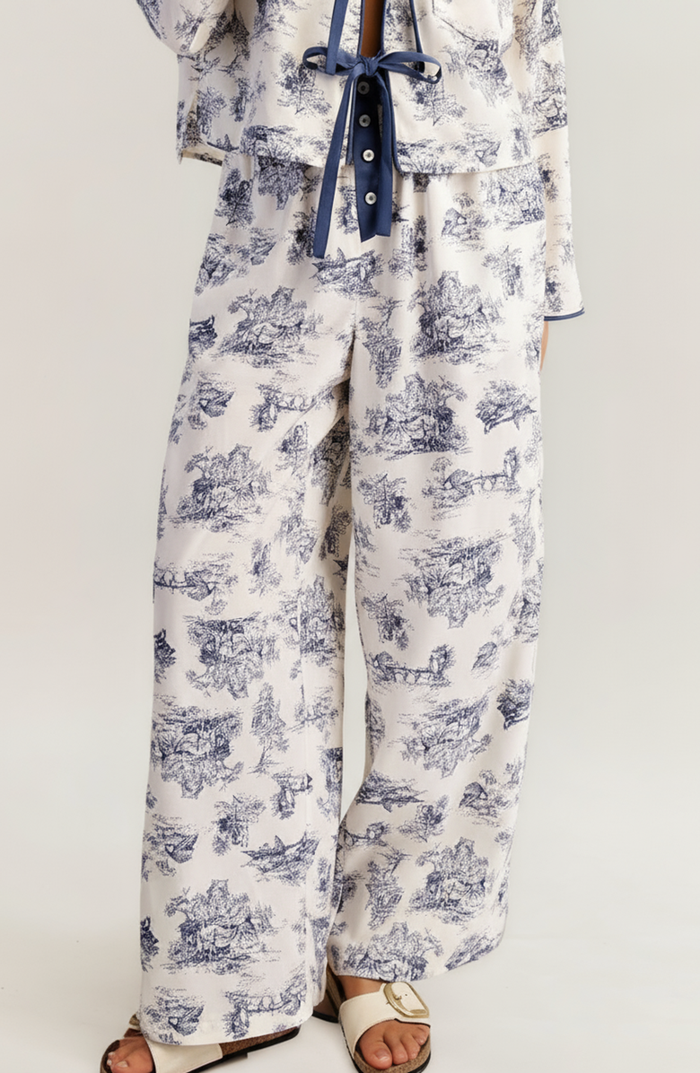 Modenaire Printed Button-Up Pajama Set with Contrast Trim and Ribbon Tie, Alternate, color, Toile Print