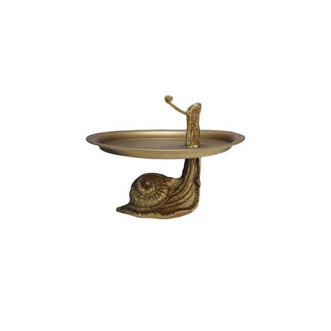 Decorative Metal Tray with Snail Shaped Stand, Gold Finish