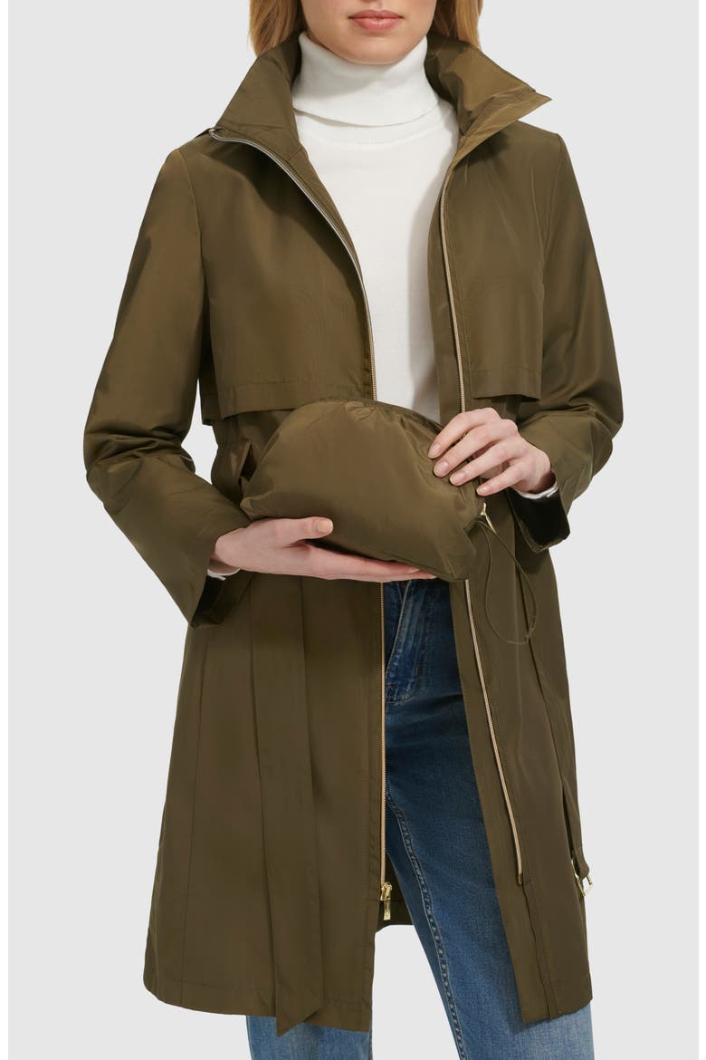 Belted Travel Packable Hooded Rain Jacket, Alternate, color, OLIVE