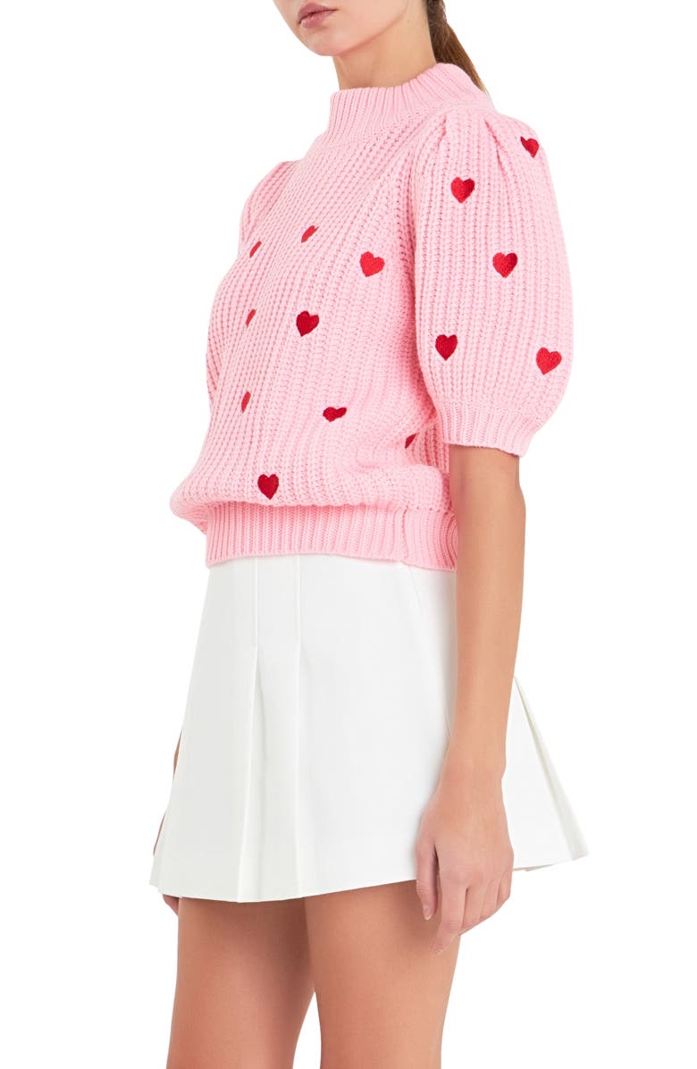 English Factory Heart Embroidered Puff Sleeve Sweater, Alternate, color, Pink