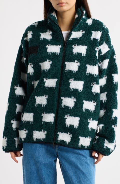Sheep Printed High Pile Fleece Full Zip Sweatshirt