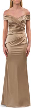 La Femme Off the Shoulder Stretch Satin Evening Dress