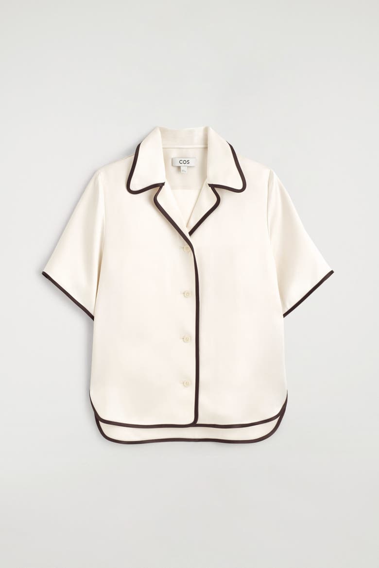 Contrast-piped Satin Shirt, Alternate, color, CREAM / BROWN