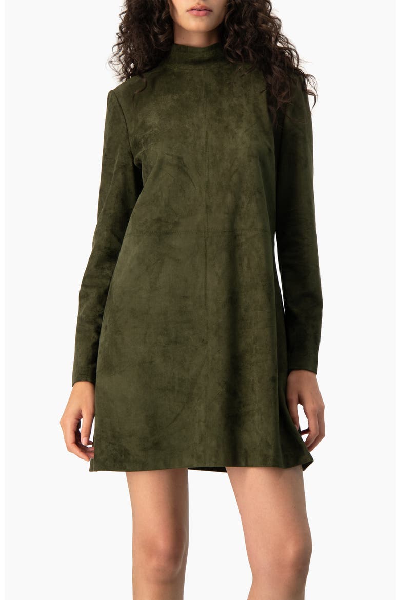 Faux-Suede Mock-Neck Long-Sleeve A-Line Mini Dress, Main, color, Olive Green