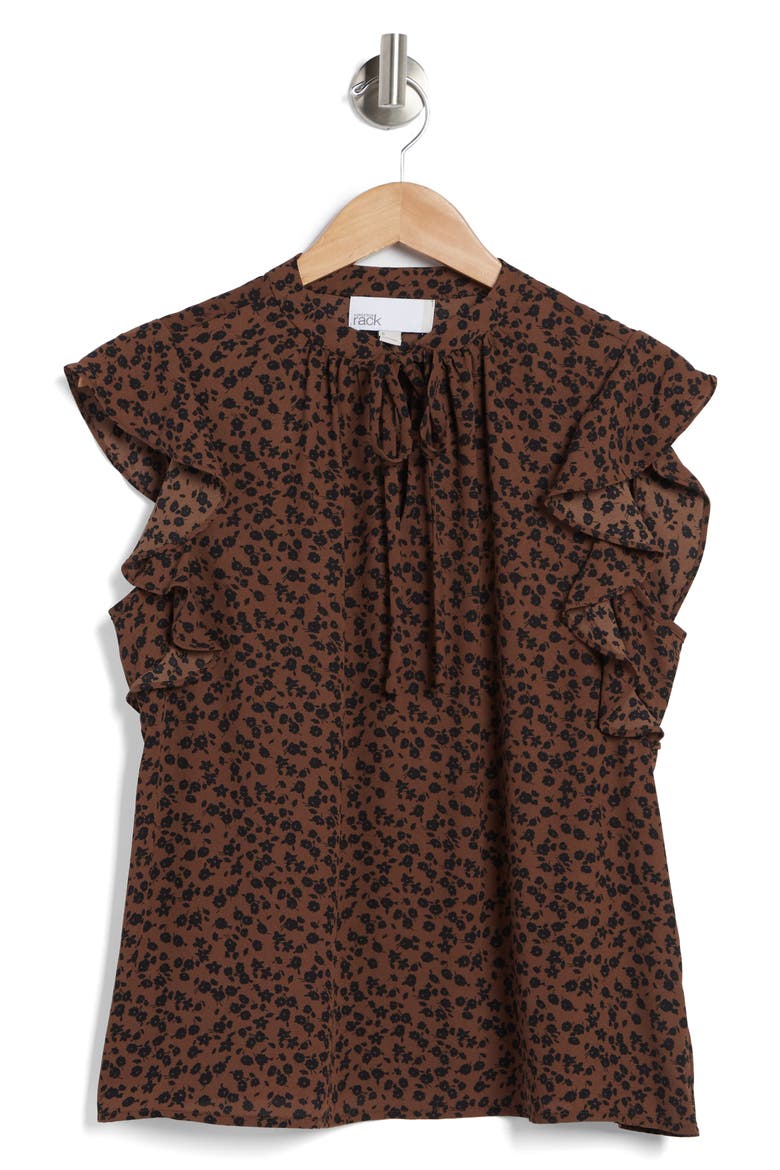 Ruffle Sleeve Tie Neck Top, Alternate, color, BROWN PINECONE FLOATING FLORAL