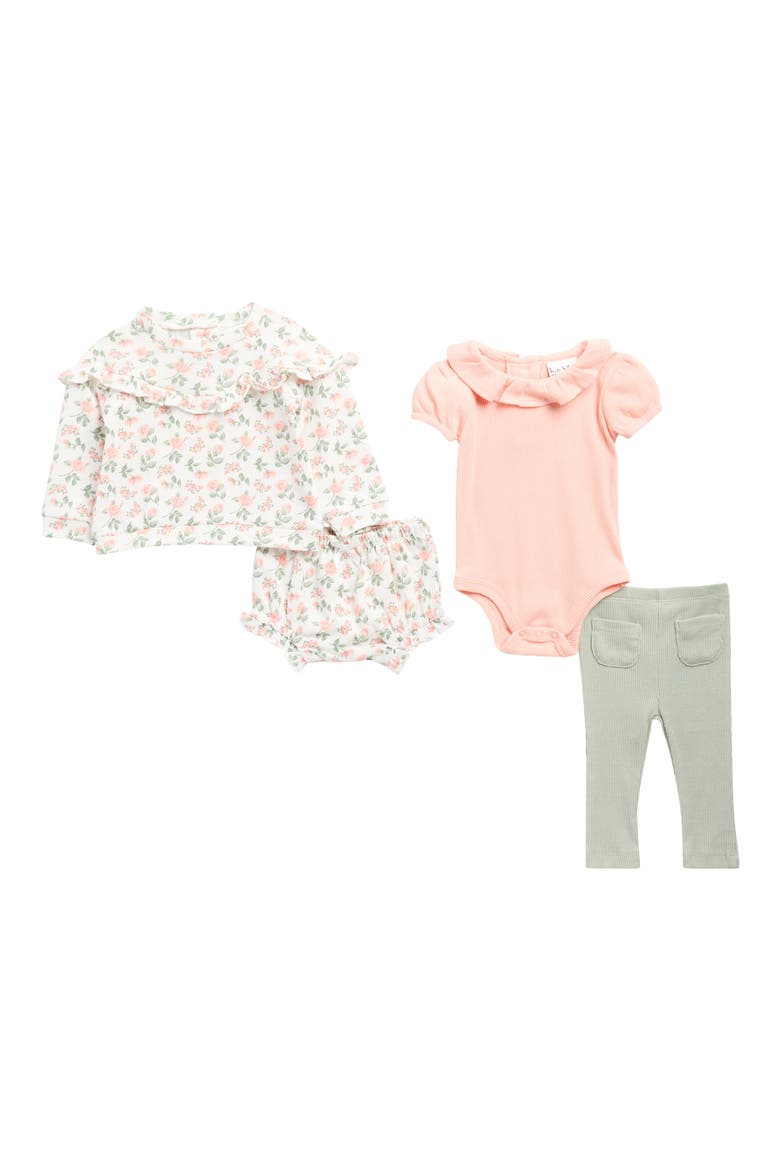 Fleece Top, Bodysuit, Pants & Bloomers Set, Main, color, EGRET/PEACH MEL