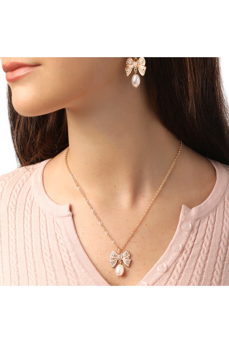 Pearl and Bow Jewelry Set with Necklace and Drop Earrings | Womens Matching 16"+3" Necklace and Dangle Earrings, Faux Pearl and Clear Crystal Embellishments, Yellow Gold-Tone Plated, Alternate, color, Gold-Tone