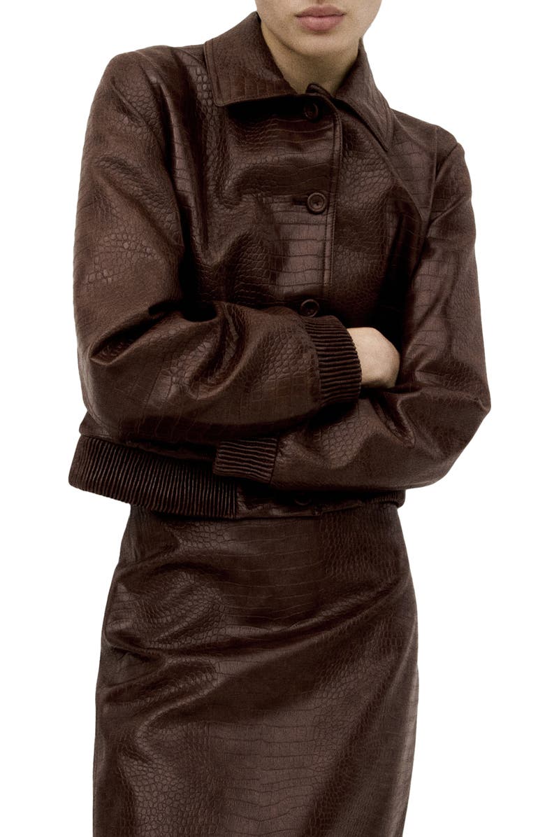 MANGO Dundee Croc Embossed Faux Leather Jacket, Main, color, Brown