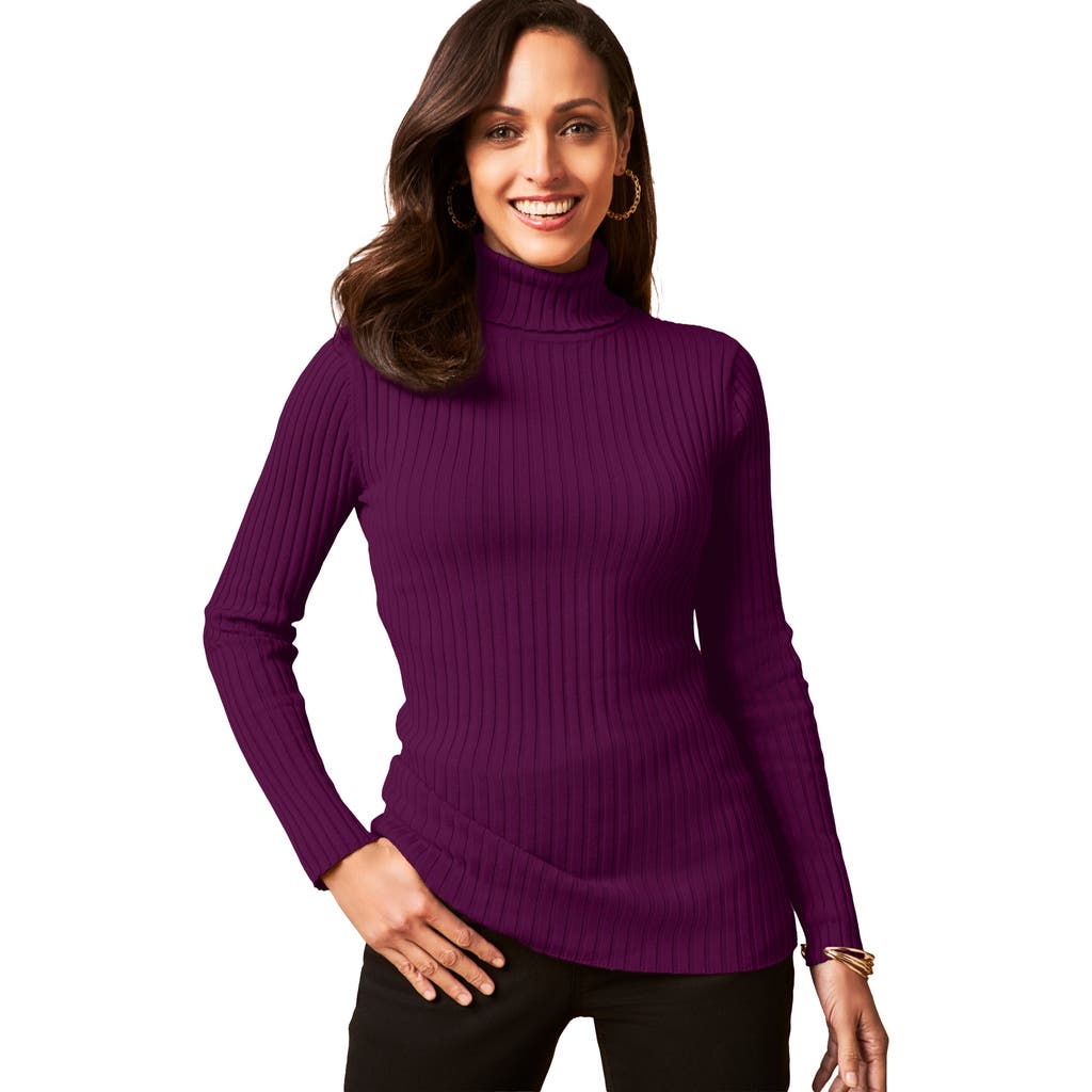 Jessica London Ribbed Cotton Turtleneck Sweater In Purple