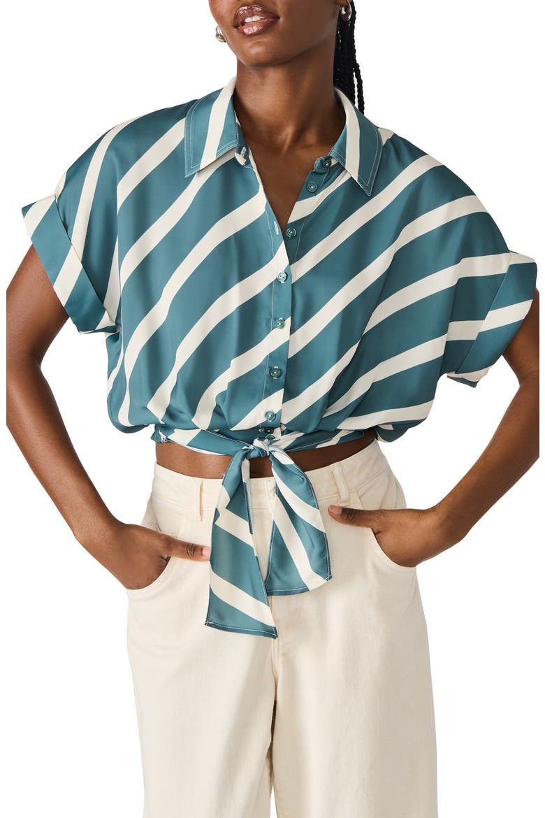 Tori Stripe Short Sleeve Tie Front Shirt, Main, color, DUSTY TEAL