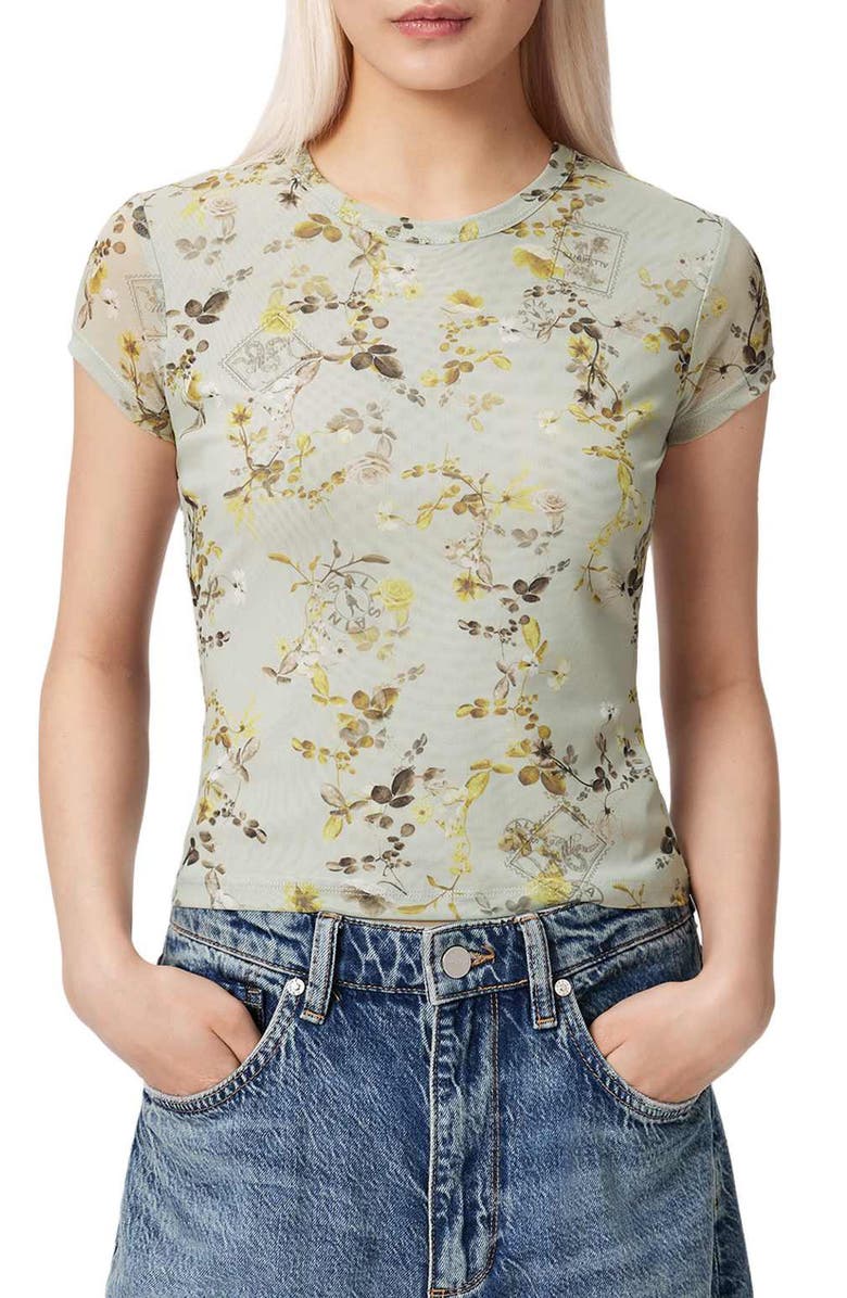 AllSaints Ellie Floral Mesh Top, Main, color, Carmel Stem Green