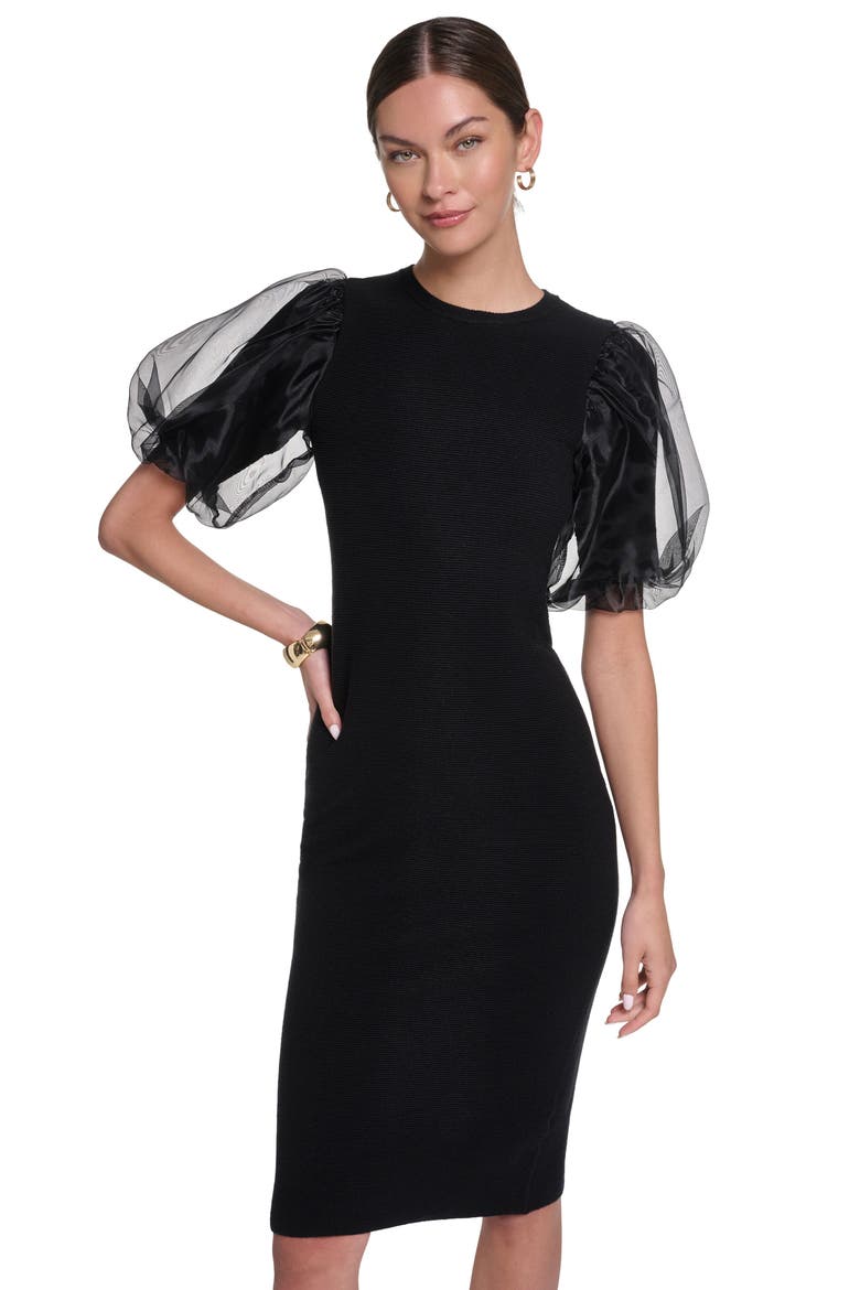 Long Sleeve Knit Puff Sleeve Midi Dress, Alternate, color, Black