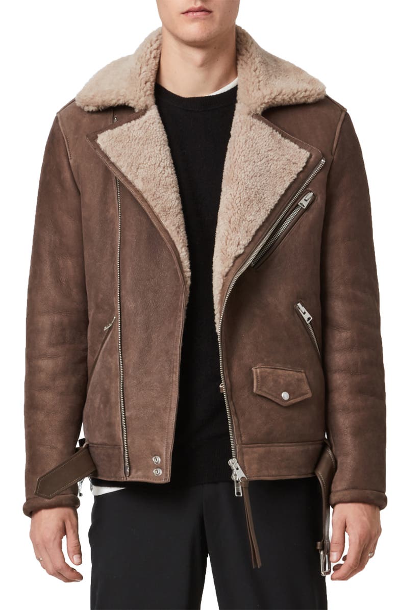 AllSaints Terro Genuine Shearling Lined Leather Jacket, Main, color, 