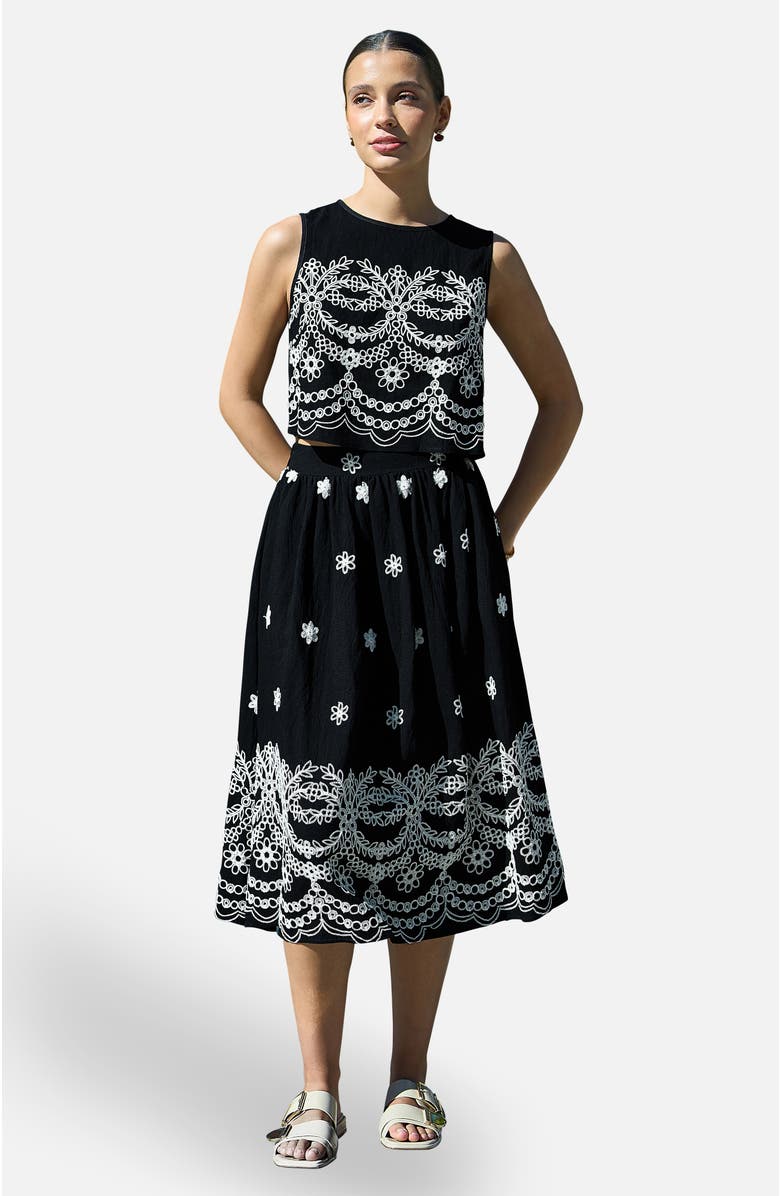 Yumi Embroidered Midi Skirt, Alternate, color, Black