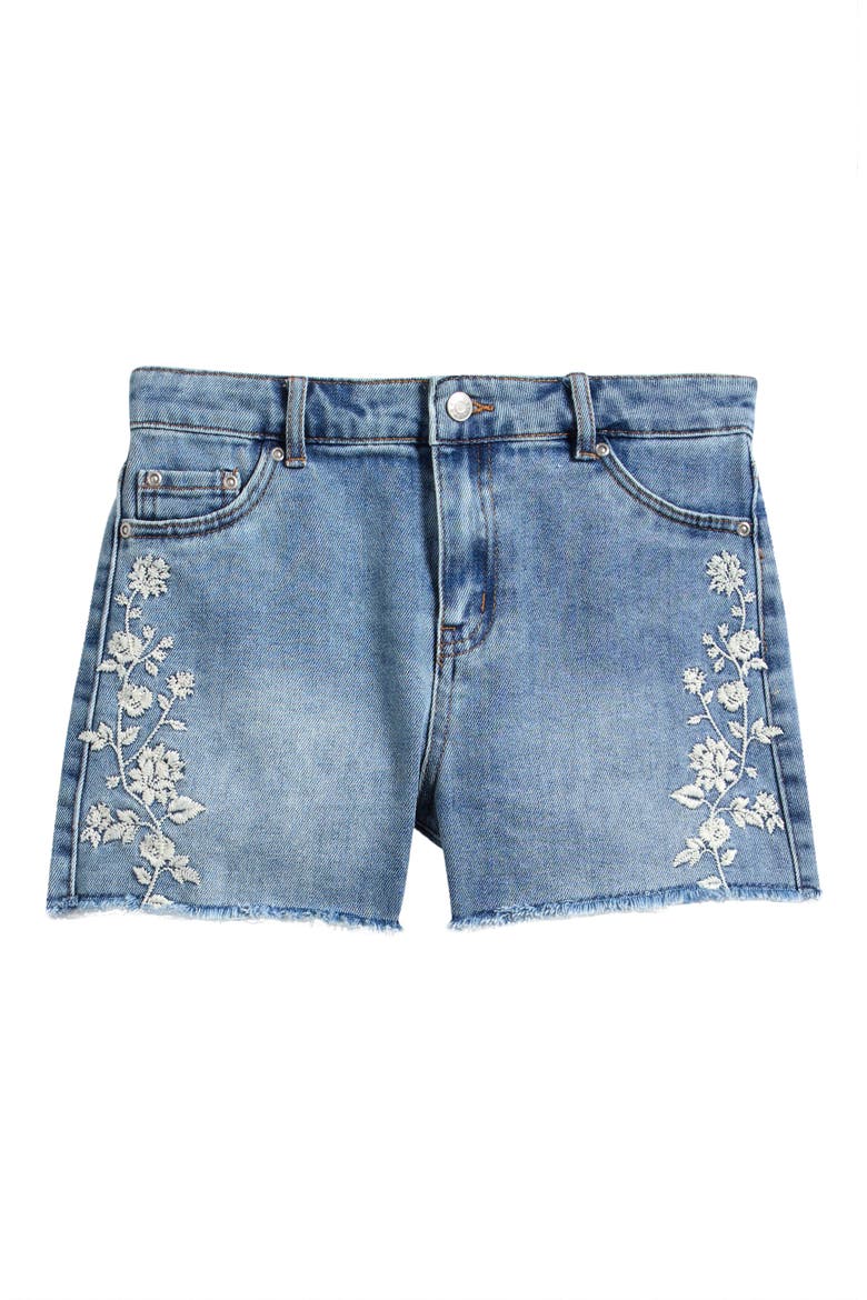 Kids' Floral Embroidered Cotton Blend Denim Shorts, Main, color, VINTAGE