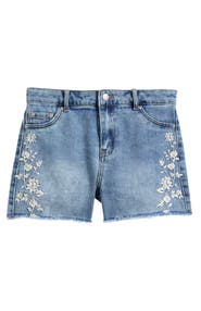 Tractr Kids' Floral Embroidered Cotton Blend Denim Shorts